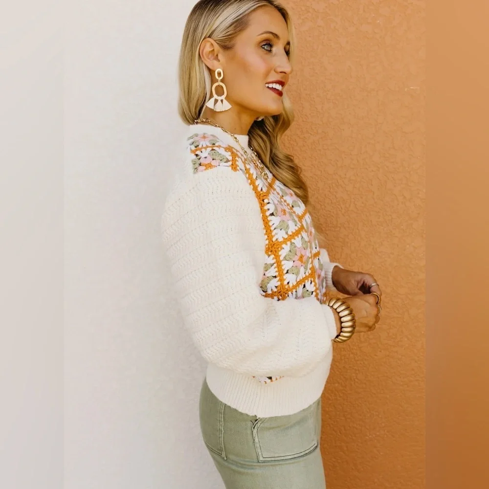 Cream and Orange Crochet Granny Square Cardigan Sweater NWOT - Picture 3 of 8